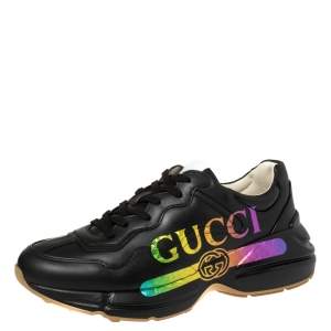 Gucci Black Leather Rhyton Gucci Logo Sneakers Size 42