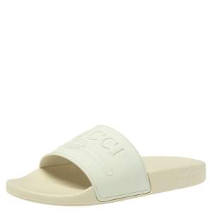 Gucci White Rubber Logo Pursuit Slide Sandals Size 41