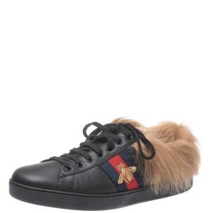 Gucci Black Leather and Fur Ace Embroidered Bee Low Top Sneaker Size 44