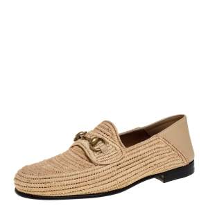 Pre Owned Gucci Beige Raffia Jordaan Horsebit Slip On Loafers Size 41.5