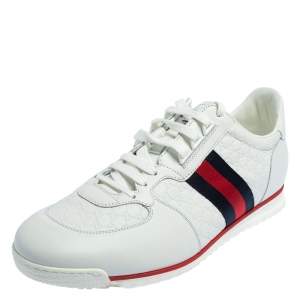 Gucci White Micro Guccissima Leather Web Low Top Sneakers Size 45
