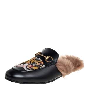 Pre Owned Gucci Black Leather And Fur Tiger Embroidered Princetown Mules Size 40