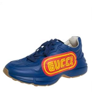 Gucci Blue Leather Logo Rhyton Low-Top Sneakers Size 42