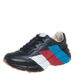 Pre Owned Gucci Black Leather Rhyton Web Print Sneakers Size 42