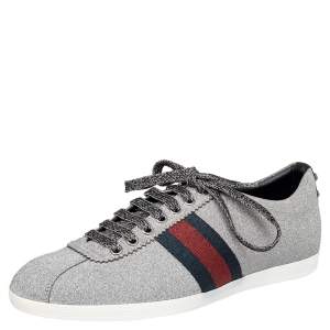 Gucci Silver Glitter Bambi Web Detail Low Top Sneakers Size 41