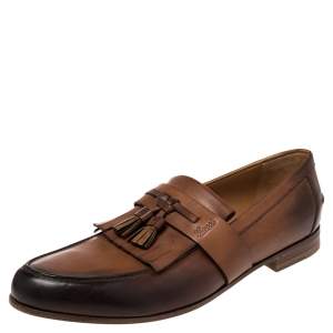 مملوكة مسبقًا Gucci Brown Leather Tassel Fringe Detail Loafers Size 42