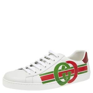 Gucci White Leather Interlocking G Ace Lace Up Sneakers Size 43.5