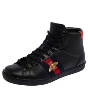 Gucci Black Leather Embroidered Bee Ace High Top Sneakers Size 42