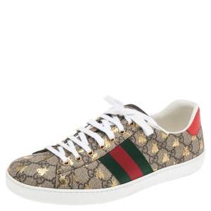 Gucci Beige/Red Canvas And Python Embossed Leather Ace Low Top Sneakers Size 43