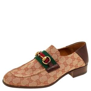 Gucci Beige /Brown GG Canvas And Leather Horsebit Web Slip On Loafers Size 41