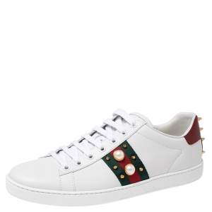 Gucci White Leather Ace Web Low Top Sneakers Size 40