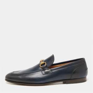 Gucci Dark Navy Blue Leather Horsebit Jordaan Loafers Size 42