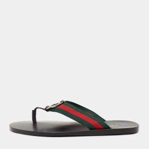 Gucci Black Leather and Fabric Web Interlocking G Thong Flats Size 40