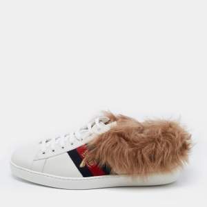 Gucci White Leather and Fur Ace Embroidered Bee Low Top Sneakers Size 43