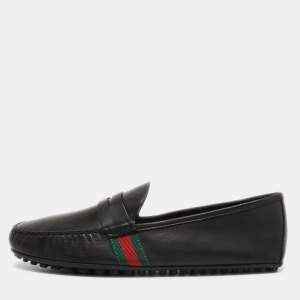 Gucci Black Leather Web Detail Penny Slip On Loafers Size 46