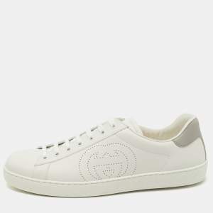 Gucci White Perforated Interlocking G Leather Ace Sneakers Size 44.5