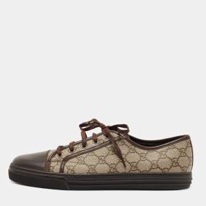 Gucci Beige/Brown Supreme Canvas And Leather Cap Toe Low Top Sneakers Size 44