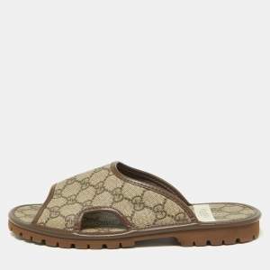 Gucci Brown/Beige GG Supreme Canvas Slides Size 39