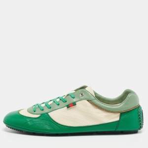 Gucci Green/White Leather and Fabric Low Top Sneakers Size 45.5