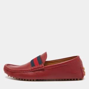 Gucci Red Leather Web Slip On Loafers Size 43