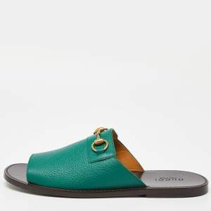 Gucci Green Leather Horsebit Flat Slides Size 44