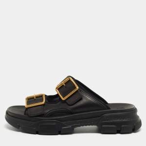 Gucci Black Leather Aguru Double Buckle Flat Sandals Size 43.5