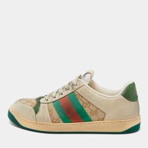 Gucci Beige/Green GG Canvas and Nubuck Leather Screener Low Top Sneakers Size 41.5