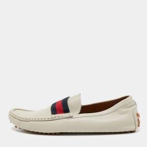 Gucci Cream Leather Web Slip On Loafers Size 43.5