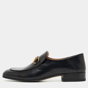 Gucci  Black Leather Horsebit Slip On Loafers  Size 42
