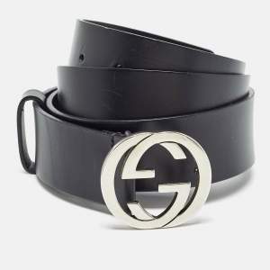 Pre Owned Gucci Black Leather Interlocking G Buckle Belt 100CM