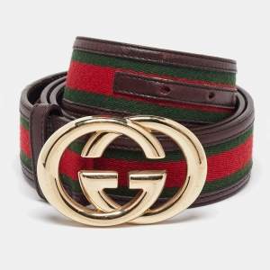Pre Owned Gucci Brown Web Canvas and Leather Interlocking GG Buckle Belt 95CM