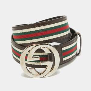 Gucci Brown Web Canvas and Leather Interlocking G Buckle Belt 95CM