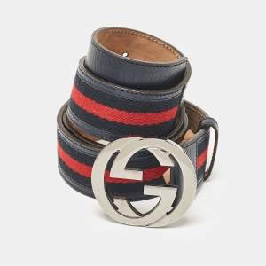 Pre Owned Gucci Navy Blue Leather and Web Canvas Interlocking G Buckle Belt 100 CM