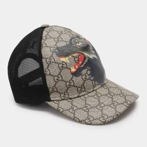Pre Owned Gucci Beige/Black GG Supreme Canvas and Mesh Wolf Baseball Cap S