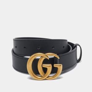 Gucci Black Leather GG Marmont Buckle Slim Belt 75 CM