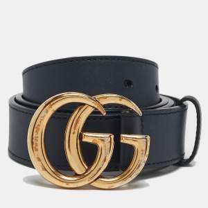 Gucci Navy Blue Leather GG Marmont Buckle Belt 90 CM
