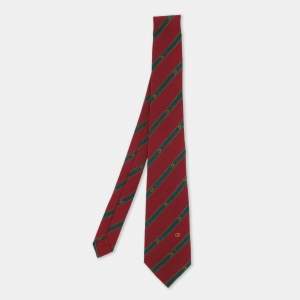 Gucci Burgundy/Green Horsebit G Interlocking Printed Silk Tie