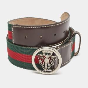 Pre Owned Gucci Brown Web Canvas and Leather Hysteria Round Buckle Belt 85CM