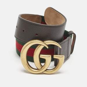 Gucci Brown Leather and Web Canvas GG Marmont Buckle Belt 85 CM
