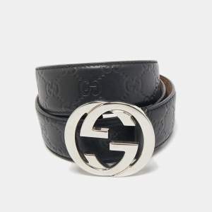 Gucci Black Guccissima Leather Interlocking G Buckle Belt 90 CM