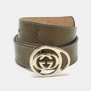 Pre Owned Gucci Olive Green GG Imprime Canvas Interlocking G Buckle Belt 95CM