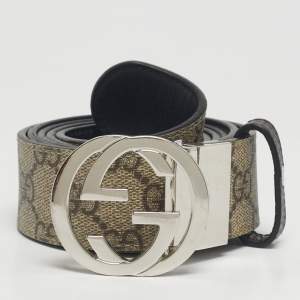 Pre Owned Gucci Beige/Black GG Supreme Canvas and Leather Interlocking G Belt 110CM