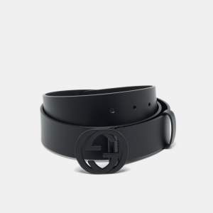 Pre Owned Gucci Black Leather Interlocking G Belt 95CM