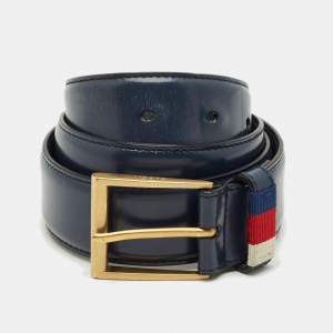 Pre Owned Gucci Navy Blue Leather Web Buckle Belt 90CM