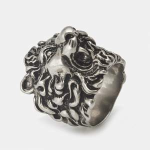 Pre Owned Gucci Lion Head Motif Silver Tone Ring Size 55