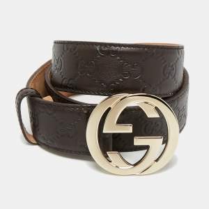 Pre Owned Gucci Interlocking G 90 CM Buckle Belt Brown Guccissima Leather