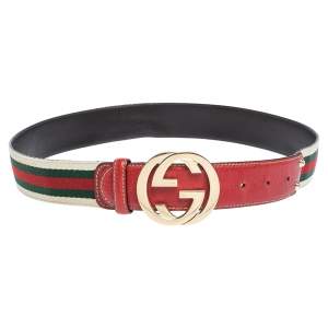 Gucci Red Web Canvas and Leather Interlocking GG Buckle Belt 80CM
