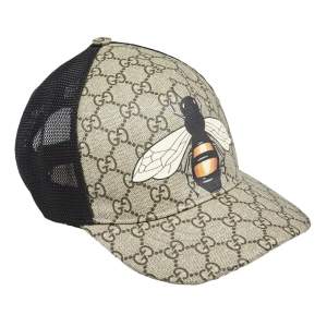 Pre Owned Gucci Beige Ebony Bee Print GG Supreme Baseball Cap M