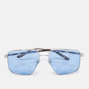 Pre Owned Gucci Silver Tone/ Blue GG Print GG0941S Square Sunglasses