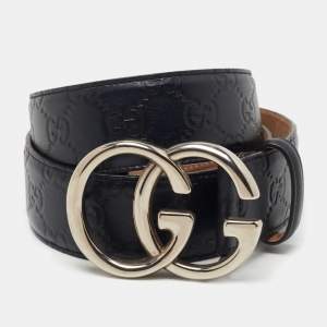 Gucci Nay Blue Guccissima Leather Double G Buckle Belt 90CM